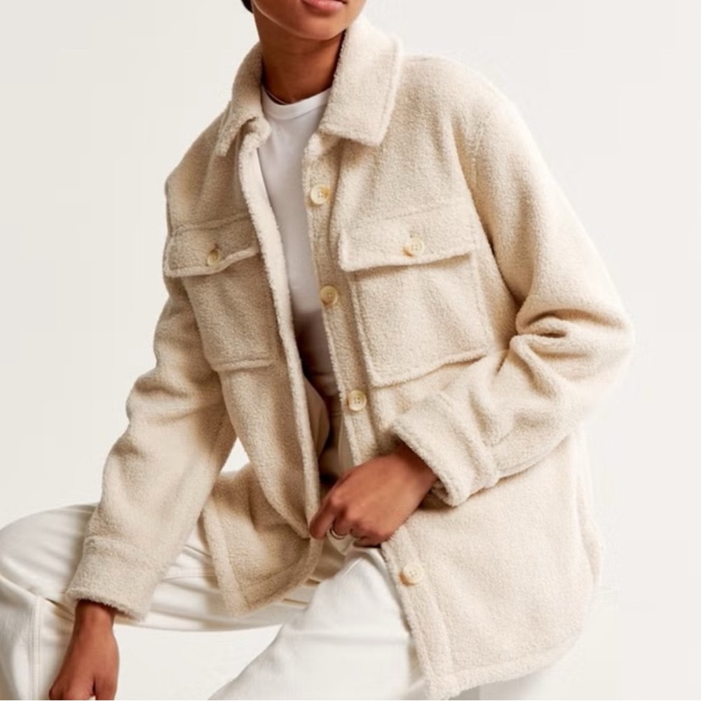 LG A&F Cream Teddy Sherpa Shacket Button Up Collared Jacket Lined